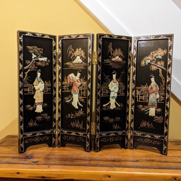 Vintage Asian Geisha Folding Tabletop Screen Divider - black lacquer wood screen - Picture 2 of 15